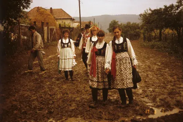96.) Vőfélyek és nyűszű leányok: Kis Anna, Papp Ferenc, Pascu Marianna, László Ilonka, Kis Piroska. Visa, 1987. augusztus 01.